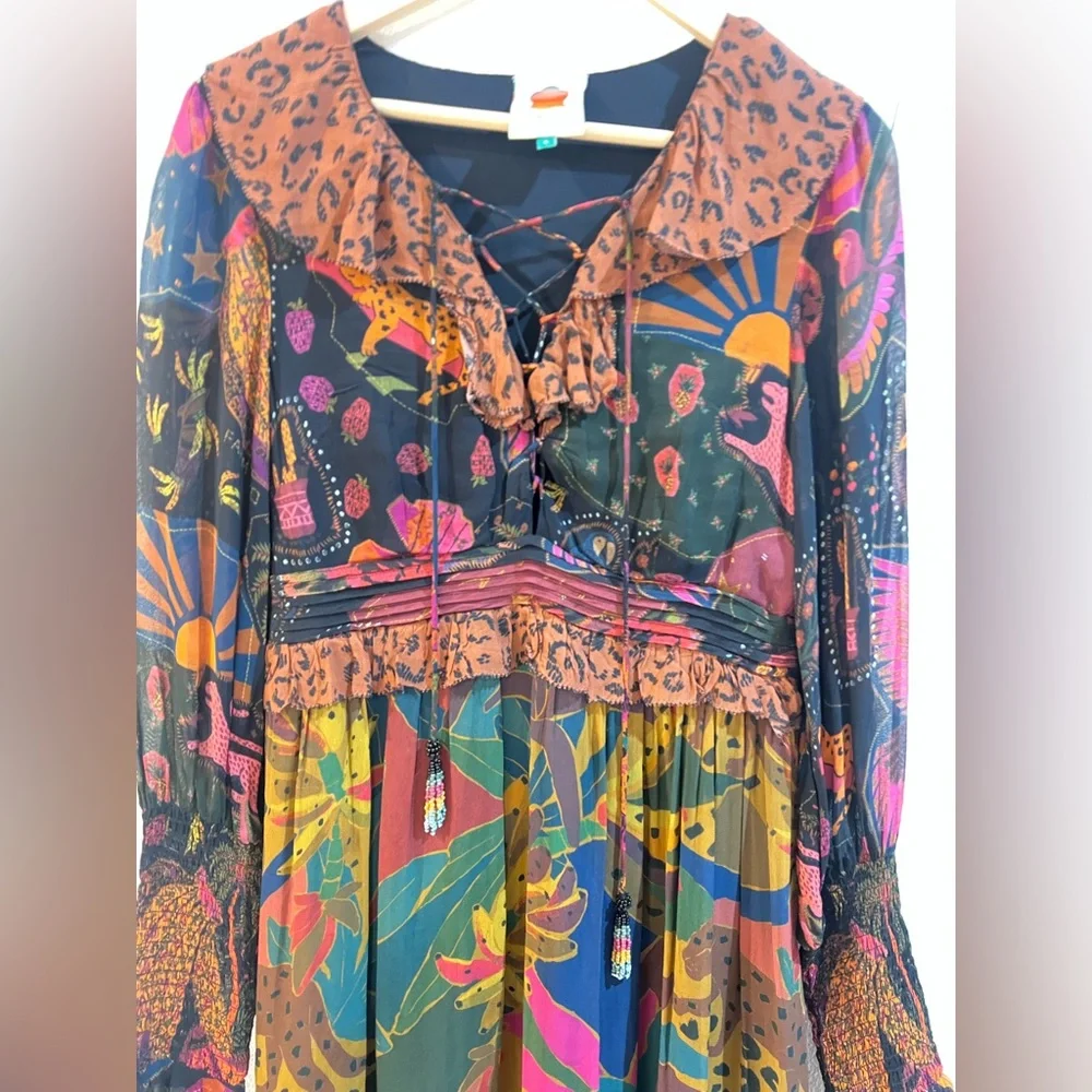 FARM RIO MIXED LEOPARDS JUNGLE LACE UP ROMANTIC MIDI DRESS - Picture 3 of 8